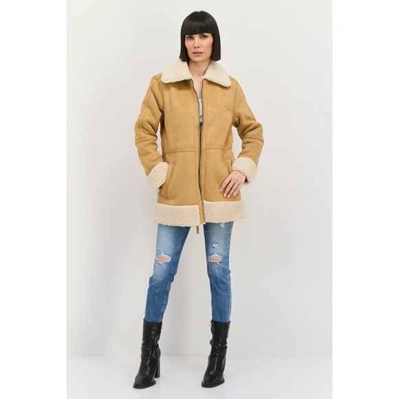 BearPaw Jackets & Blazers - Bearpaw Faux Shearling Sherpa Jacket Tan Cream Zip Moto Coat Womens M